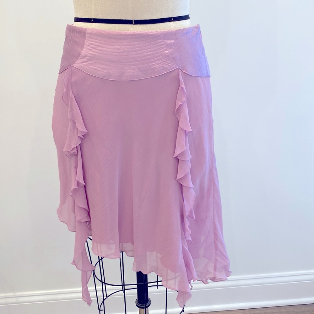 Bebe Lilac silk ruffle asymmetrical drop waist skirt